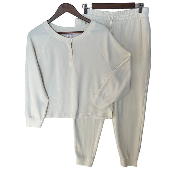 Victoria's Secret Other - Victoria Secret Thermal Waffle-Knit Pajama Henley Jogger Set  MED Beige Cozy